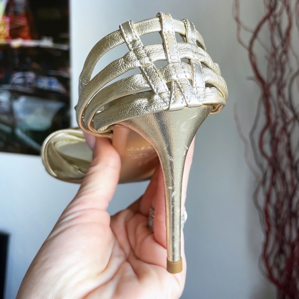 Casadei Gold Leather Strappy Woven Heeled Sandals - Picture 8 of 13